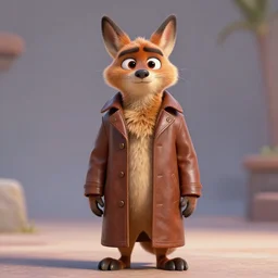 portrait, 3 d render, anthropomorphic coyote male, wearing along brown leather maxi coat, in the style of zootopia