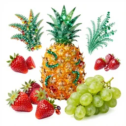 strawberries, pineapple, grapes made of bright stones. fractals. gopreciousld, crystal. emerald threads