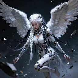 beautiful cinematic female cyborg angel falling apart in pieces, fantasy magic, white black fade braided hair, dark light night braided hair, highly intricate detailed, braided hair, advanced digital portrait art, glitch art, wlop and rossdraws and Sakimimichan