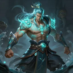 a highly detailed illustration of serious long haired glowing tattooed asian tribal warrior god of the sea heroic battle pose, muscular, intricate, elegant, highly detailed, centered, digital painting, artstation, concept art, smooth, sharp focus, league of legends concept art, wlop.
