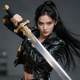 black haired woman in a leather jacket, with a gold and silver intricate sword, action pose, movie scene, highly detailed, intricate, face enhance, long sharp intricate sword, trending on artstation, action pose