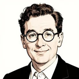 man with glasses, dark short curly hair smiling, illustration in the style of e. h. shephard
