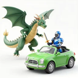 comic book dragon fight vs knight in green car with blue armor and a gold sword