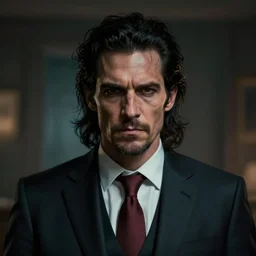 portrait of caveman in a business suit, pure evil, dark aura, atmospheric realistic lighting, finely detailed features, interior, sharp focus, trending on pivix fanbox, art by aaron mcgruder