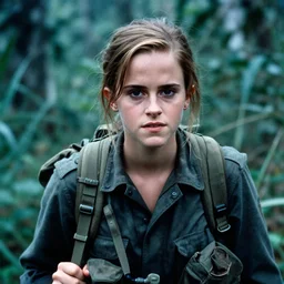 film still, close up, portrait, emma watson soldier hiking through dense vietnam, associated press, award winning, film still from apocalypse now ( 1 9 7 9 ), 2 6 mm, kodak ektachrome, blue tint ektachrome film,