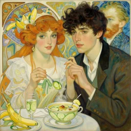 painting of young handsome beautiful dark medium wavy hair man in his 2 0 s named shadow taehyung and gorgeous ozma of oz together at the cucumber and banana soup party, elegant, clear, painting, stylized, delicate, soft facial features, art, art by alphonse mucha, vincent van gogh, egon schiele