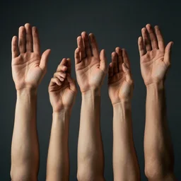 a series of perfectly drawn hands in different positions holding various poses, cinematic lighting, photorealistic, in the style of