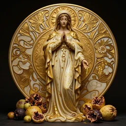 masterpiece ultrarealistic ultradetailed stefan gesell medium shot statue wooden of slime catholic veiled lady beside rotten fruit still life, intricate, elegant, dramatic lighting, greg rutkowski, immerse, 2 3 th, special effects makeup, maximalist, glittering, gold, ivory, hyperreal, golden ratio, alphonse mucha
