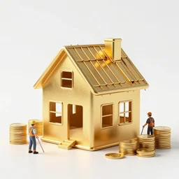 a house, made of gold, under construction, with builders, with piles of coins around it