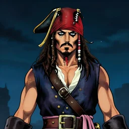 portrait of muscular pirate, night sky background, coherent! by brom, deep color, strong line, high contrast