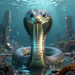 Abstract tech snake, underwater environment ruined city, epic exquisite character art, focus, looking at camera, accurate symmetric features proportions, golden ratio, reflections, rainbow lighting, volumetric water, ultra intricate details, award winning, octane render