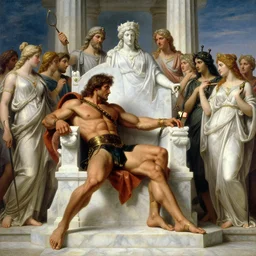 hercules gives achilles the side - eye while they wait in line to worship at zeus's feet, throne of olympus, heavenly marble, gods and goddesses in elegant clothes, painting by gaston bussiere, craig mullins, j. c. leyendecker, tom of finland