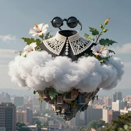 dutch masters, city in the sky, flying island, white fluffy cloud, monocular, volumetric light, leaves foliage and stems, hibiscus flowers, alexander mcqueen, rim light, big gothic fashion pearl embroidered collar, 8 k