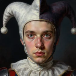 portrait of a jester as a knight, extreme fine detail background, night, highly detailed, detailed eyes, high quality, digital painting, hyperrealistic, by gaston bussiere, j. c. leyendecker, craig mullins
