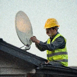 Cat in a high-viz vest and hard hat, installing a wireless dish antenna on the roof of a house. f/22, 35mm, 2700K lighting, award winning photography.