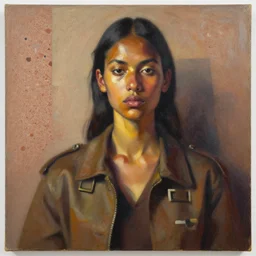 portrait in daring femininity, ethnic, determined realistic face, urban outfit with jacket and buckles, warm glow, bathed in light, chiaroscuro, specular highlights, angular impressionism, radiosity, terrazzo, earthy tones, modern fashion, contemporary art, oil on canvas
