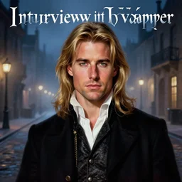 alternate cover art for the movie interview with a vampire starring a long haired blonde tom cruise as lestat de lioncourt portrait, face centered, schmuck, regal, confident, unused design, night time, fog, colonial era street, volumetric lighting, realistic illustration, perfectly shaded, soft painting, art by krenz cushart and wenjun lin