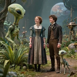 detailed, sharp, a girl and a boy standing next to some alien plants, looking happy, wearing 1850s era clothes, their small pet alien creature is standing nearby, in a park on an alien planet, steampunk, extremely highly detailed, hyperrealistic, film still from a period sci fi movie, 8k, HD, good lighting