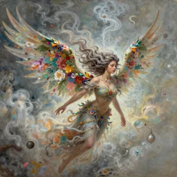 a colorful and provenance illustrations painting of the fantasy female flying floral wing, highly detailed, her hair made of hair made of air wind and curling smoke, mist, dust, genie, spirit fantasy concept art, art by aenami, alena, afshar, petros and leonid, trending on artstation.