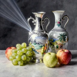 fruit and porcelain still life amazing composition, artstation trending, behance, watercolor, by coby whitmore, silver, laser light,