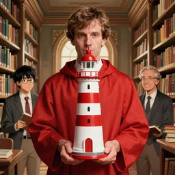 terry pratchett's red librarian holding lighthouse toy, library interior background, travel poster artwork by michael whelan and tomer hanuka, high contrast, full of details, by makoto shinkai and thomas kinkade, matte painting, trending on artstation and unreal engine