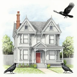 Victorian villa with crooked chimney is surrounded by crows, Colored pencil drawing