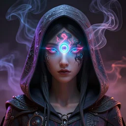 a beautiful detailed 3 d matte portrait of a hooded figure with a magical neon glowing third eye, by ellen jewett, by tomasz alen kopera, ominous, magical realism, texture, intricate, whirling smoke, radiant colors, fantasy, volumetric lighting, high details