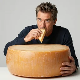jeff goldblum eating a large wheel of cheese,