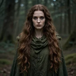 an ethereal high witch with long beautiful brown hair, in a dark olive green cowl, dark aesthetic, fantasy setting in a forest