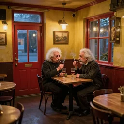 in a small empty cozy colorful pub, empty after sunset, a door and a window and empty tables, albert einstein and charles darwin meeting together on a tabletop, smoking weed and drinking wine, photorealism, hyperdetailed, volumetric lightening, octane, dalle 2 composition