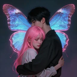 harmony of butterfly, mute, neon light language, ( black haired yoongi back hugging pink haired jimin crying ) by wlop, james jean, victo ngai, beautifully lit, muted colors, highly detailed, fantasy art by craig mullins, thomas kinkade