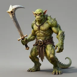 dog - faced muscular goblin, ugly face, lizard tail, holding scimitar made of bone, scimitar, sword, jagged sword, curved sword, orkish sword, colorized, green skin, hyper - detailed, primeval fantasy, prehistoric fantasy, art by jacques - louis david