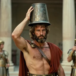 film still of leonidas in 3 0 0 wearing a bucket on his head
