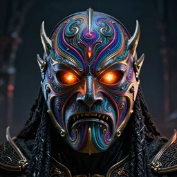 full face mask epic portrait, majestic morgoth glowing eyes, lord of the rings, matte painting concept art, midjourney, beautifully backlit, swirly vibrant color lines, fantastically gaudy, cinematic aesthetic octane render, 8 k hd resolution, by ilya kuvshinov, john howe, darius zawadzki and zdizslaw beksinski