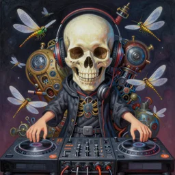 surreal gouache painting, by yoshitaka amano, by ruan jia, by Conrad roset, by good smile company, detailed anime 3d render of a  skull DJ Surrounded by magical Dragonflies and a big DJ Mixer, deck,  portrait, cgsociety, artstation, rococo mechanical and Digital  and electronic, dieselpunk atmosphere
