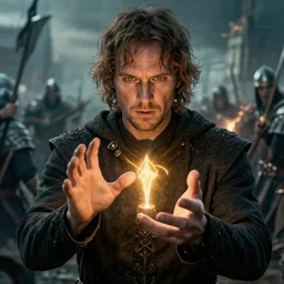 cinematic artwork close up of Jordan Peterson casting a spell, medieval fantasy, warriors battle by Greg Rutkowski, 4k, masterpiece