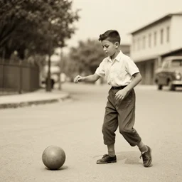 a boy playing with a ball in the street vintage style