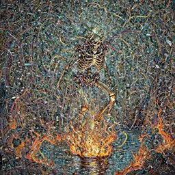 A skeleton demon made of ethernet cables floating above a lake of fire in Hell by Beksinski and Jean Giraud Moebius