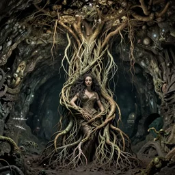 photo of roots growing down from a ceiling in an underground cavern wrapped around a woman. Fantasy magic horror style. Highly detailed 8k. Intricate. Nikon d850 55mm. Award winning photography. Hr giger. Zdzislaw beksinski. Nekro
