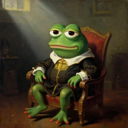 a oil painting by leonardo da vinci about a cartoonized pepe frog, with a clow costume in a chair, dark room, fog atmosphere, god rays,dramatic lighting