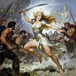 Olympus by Frank Frazetta, Greg Rutkowski, Boris Vallejo, epic fantasy character art, goddess of war running into battle, Exquisite detail, post-processing, masterpiece, cinematic