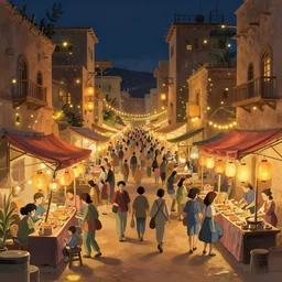 night market with vendors spread across an alley, desert city, vertical architecture, full of life, lively, bustling, fireflies, lanterns, studio ghibli, trendy 4 k digital painting on artstation