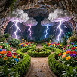 in a cave with a miniature hyper - realistic garden of hedges and bright coloured rainbow flowers : 4, highly symmetrical, balanced, lightning clouds : 6, octane render, in the style of sahm : 3, hd, 4 k, ultra - realistic, in unreal engine