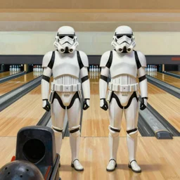 two stormtroopers bowling at a bowling alley, painting by ralph mcquarrie
