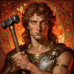 the greek god hephaestus holding a hammer, facing forward, brown hair, steampunk, portrait, beautiful glowing eyes, volumetric lights, red and orange theme, art nouveau botanicals, intricate, highly detailed, digital painting, artstation, concept art, smooth, sharp focus, cinematic, illustration, beautiful face, art by artgerm and greg rutkowski and alphonse mucha