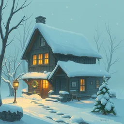 snowy cozy home, by philippe gare, artstation, greg rutkowski