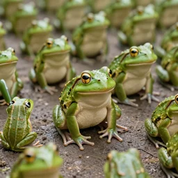 an army of green frogs, preparing for war, standing on 2 feet, plague,