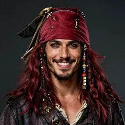 portrait of a young ruggedly handsome but joyful pirate, male, masculine, upper body, red crimson crimson deep red hair, long long flowing hair, fantasy, proud smirk, intricate, elegant, highly detailed, digital painting, artstation, concept art, matte, sharp focus, illustration, art by artgerm and greg rutkowski and alphonse mucha
