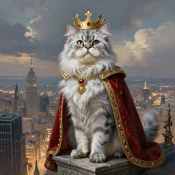 a fantasy painting of an anthropomorphic silver! brindle persian cat!!!!!! dressed with owl's eyes, as a renaissance king, standing on a skyscraper overlooking a vast city, cinematic, beautiful lighting, dramatic
