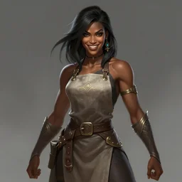 a highly detailed illustration of naomi scott as fierce blacksmith woman wearing apron, muscular, dramatic smile pose, intricate, elegant, highly detailed, centered, digital painting, artstation, concept art, smooth, sharp focus, league of legends concept art, wlop.